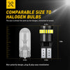 A comparison showing a T10 LED bulb and a halogen bulb, highlighting their similar size for easy installation.