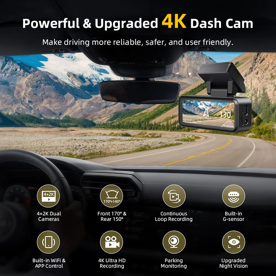 A powerful 4K dash cam mounted on a car dashboard, recording a scenic road view.