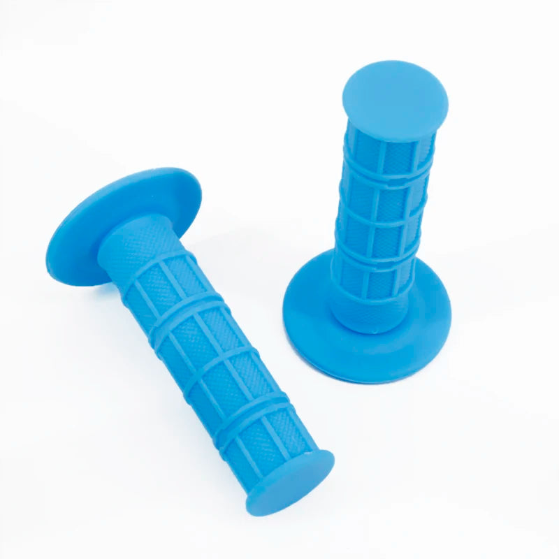 A pair of bright blue universal motorcycle handlebar grips, showing the grip and the mounting piece.