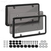 A set of license plate protectors including a main plate, mounting brackets, and various hardware components.