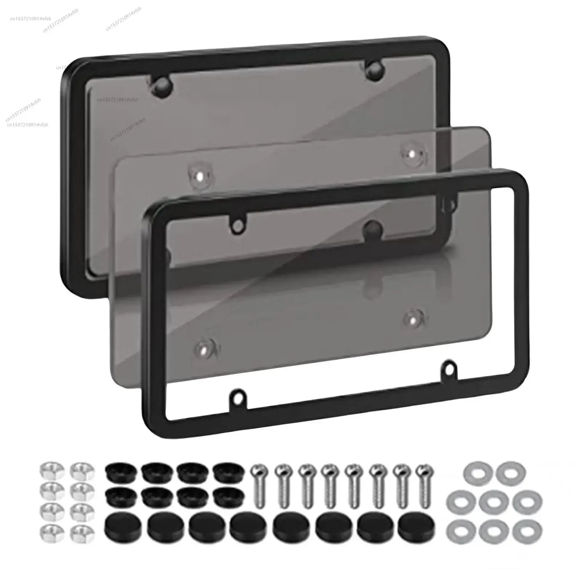 A set of license plate protectors including a main plate, mounting brackets, and various hardware components.
