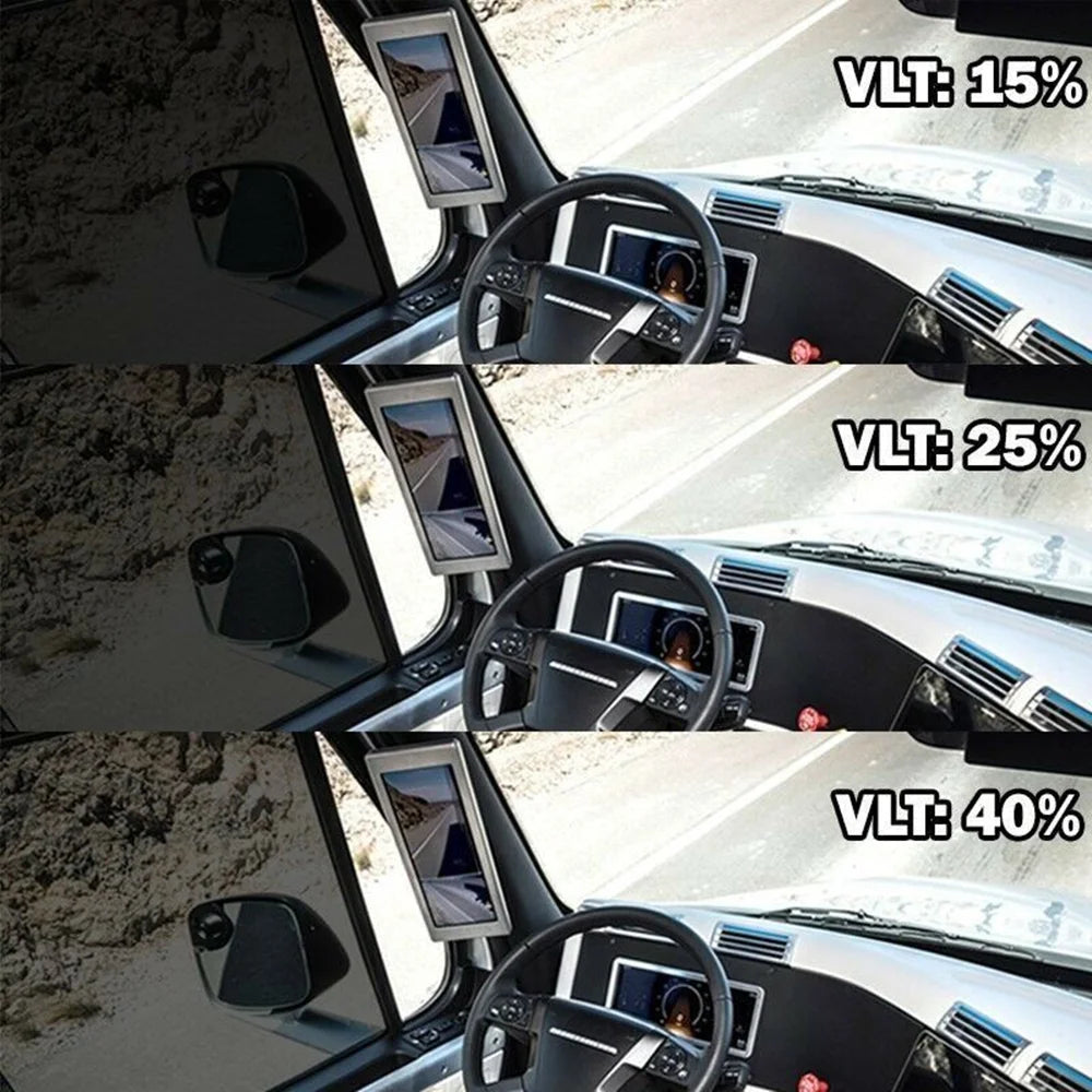 Three images showing different levels of window tint film application on a car interior.