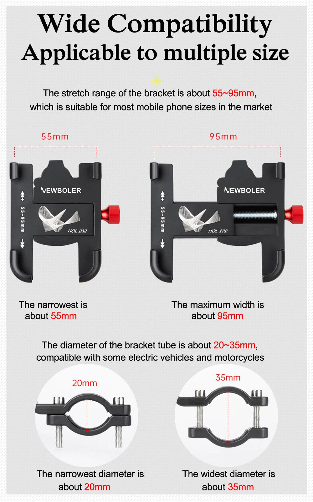 A product image showing a bracket with various sizes and dimensions for phone mounts.