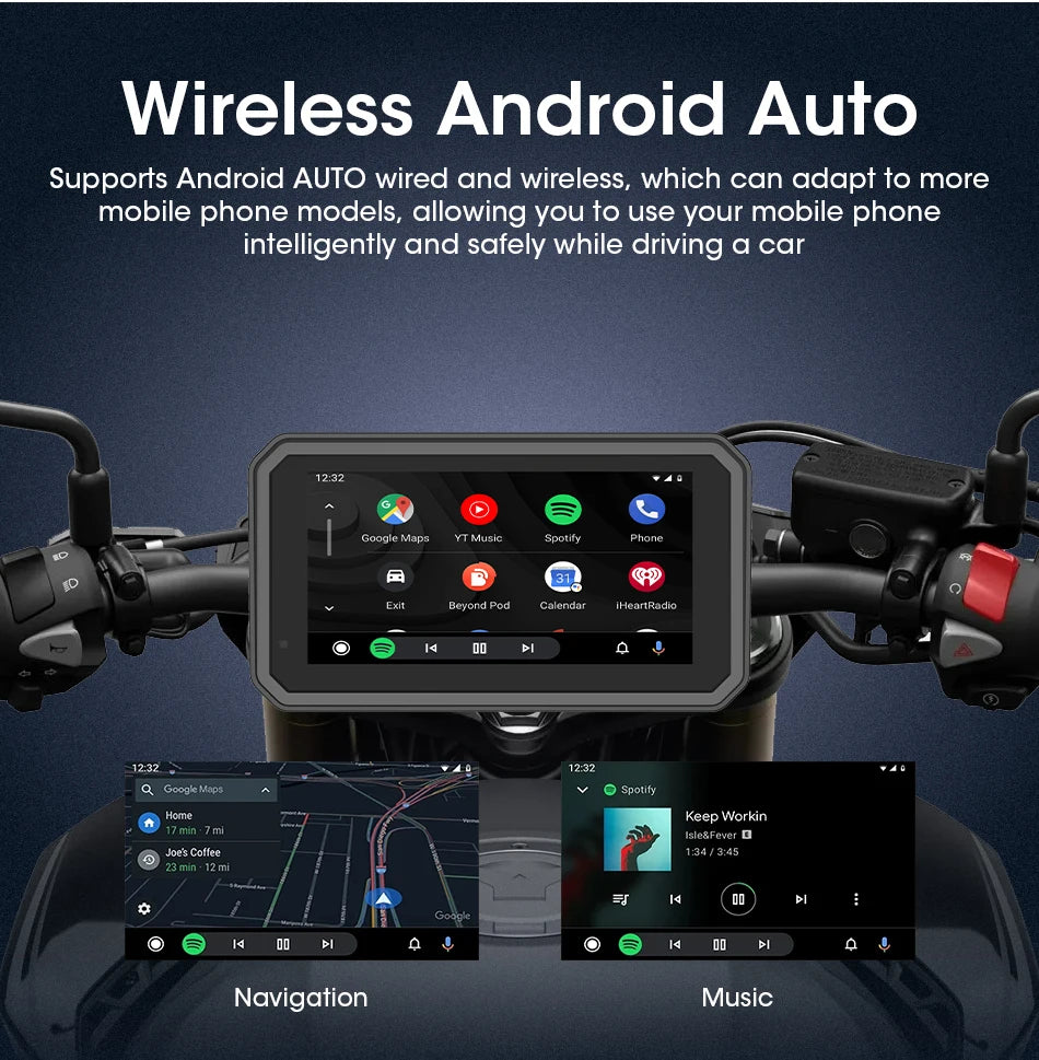 Écran de navigation d'un enregistreur GPS moto affichant les interfaces Android Auto et Musique.