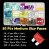 Assortment kit of 50 medium size fuses in various amperage ratings for automotive use