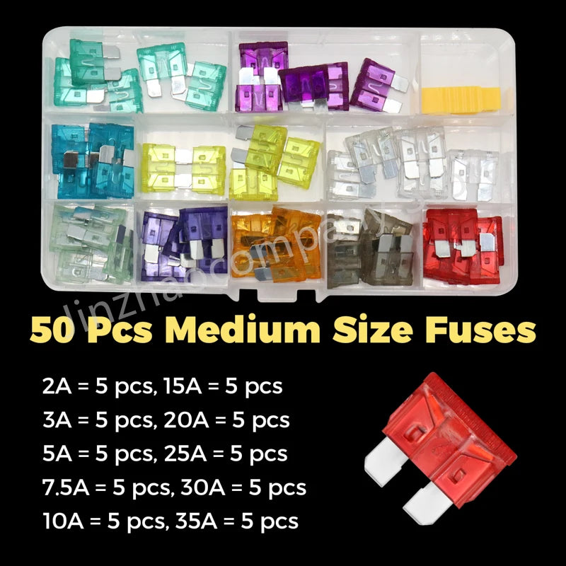Assortment kit of 50 medium size fuses in various amperage ratings for automotive use