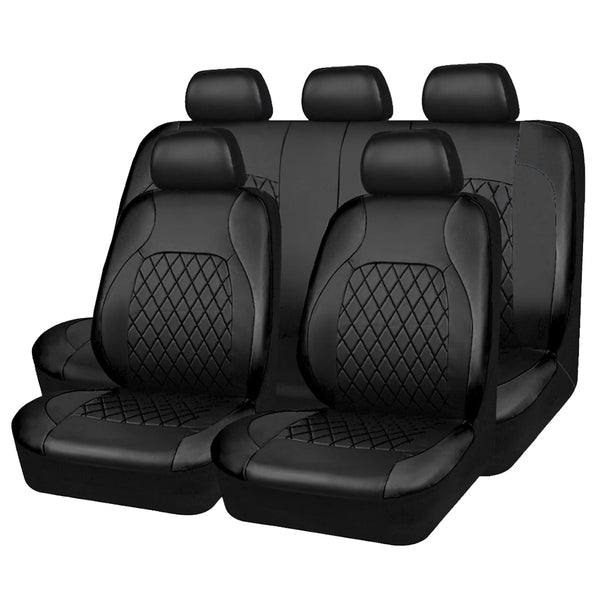 Black all-season PU leather car seat covers showing three rows of seats.