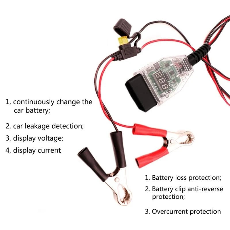 Professional OBD2 battery replacement and monitoring tool with multiple wires and clips