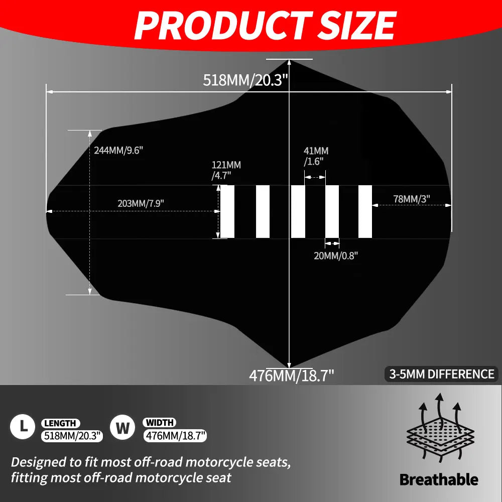 Diagram showing the dimensions of a product, including length 518mm and width 476mm, designed for motorcycle seats.
