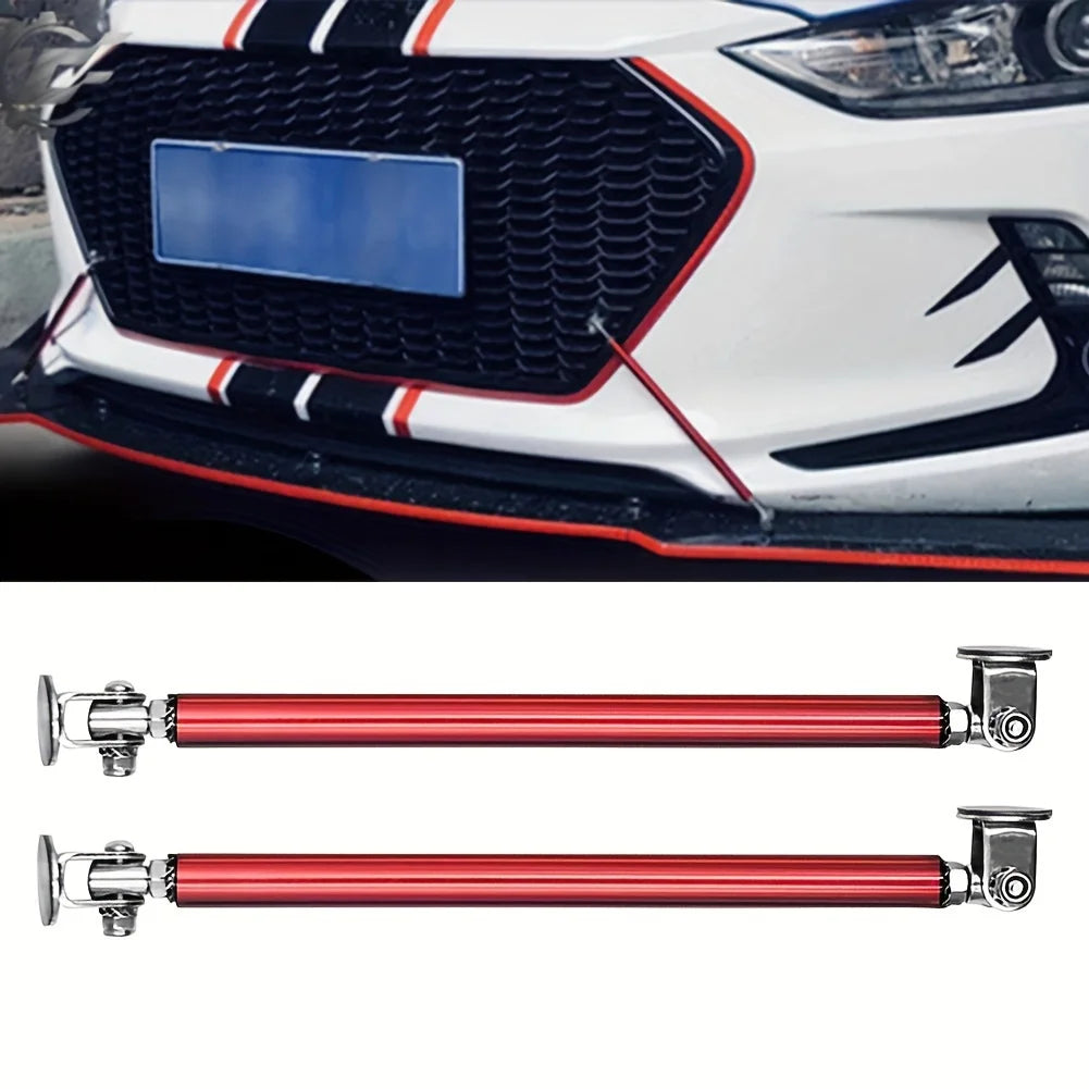 Two sets of adjustable metal front lip support rods with red finish for automotive use