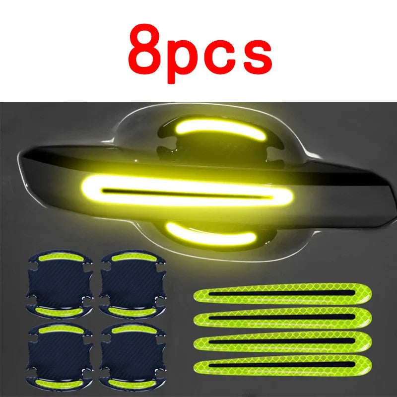 Eight reflective stickers designed to protect car door handles and provide visibility.