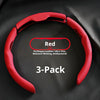 A red PU/Nappa leather steering wheel cover in a 3-pack is shown against a dark background.