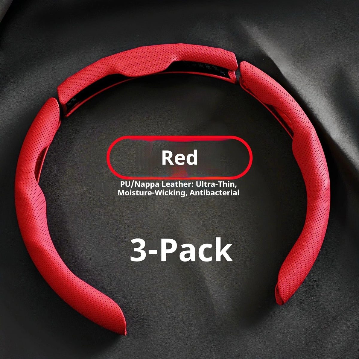 A red PU/Nappa leather steering wheel cover in a 3-pack is shown against a dark background.