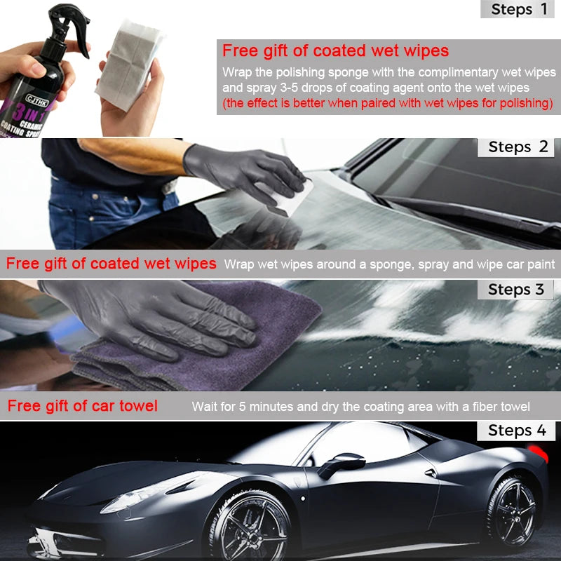 A step-by-step guide showing how to apply a ceramic nano coating to a car using wet wipes and sponges.