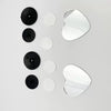 A set of five heart-shaped car rearview mirrors in black and silver.