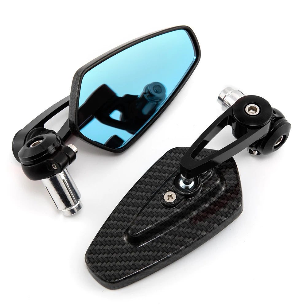 A black aluminum handlebar side motorcycle rearview mirror with a blue reflective lens.