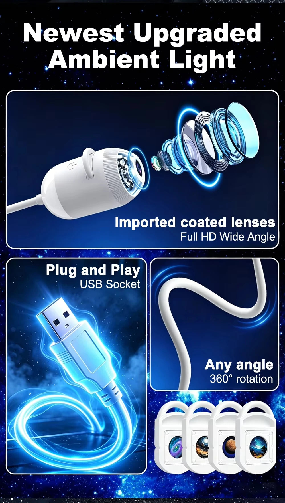A white ambient light fixture with imported coated lenses and a USB plug, demonstrating 360-degree light rotation.
