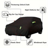 Black all-weather waterproof UV car cover featuring a thickening Oxford cloth, night reflector bar, elastic band, and windbre