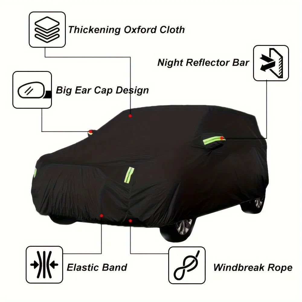 Black all-weather waterproof UV car cover featuring a thickening Oxford cloth, night reflector bar, elastic band, and windbre
