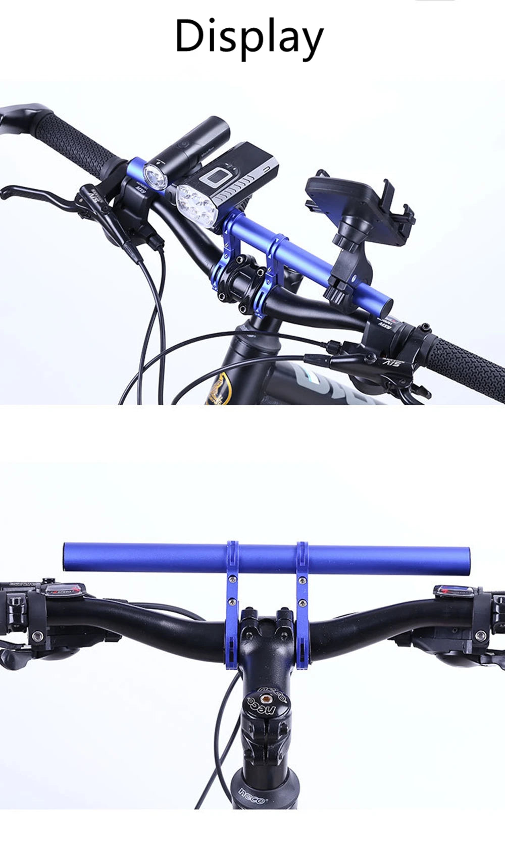 Nahaufnahme eines verstellbaren Fahrradlenker-Ersatzhalter mit blauen Komponenten und einem schwarzen Griff.