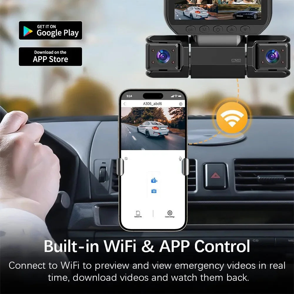 A 4-camera dash cam system is installed in a car, showing a smartphone screen displaying live video feed and controls.