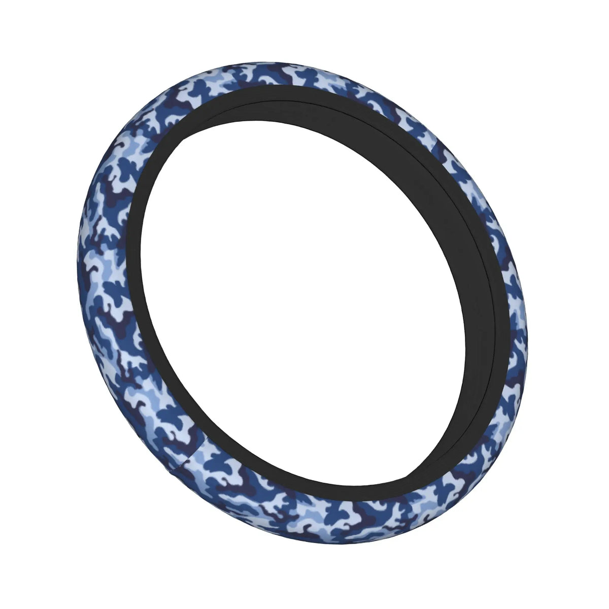 Schwarzer Lenkrad-Cover mit blau-grauem Camouflage-Muster.
