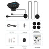Components of a Bluetooth motorcycle helmet headset including the main unit, cable, fixing tool, pads, and user manual.