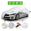 A clear plastic all-weather waterproof UV car cover shown on a silver car, with icons indicating protection from sun, rain, s
