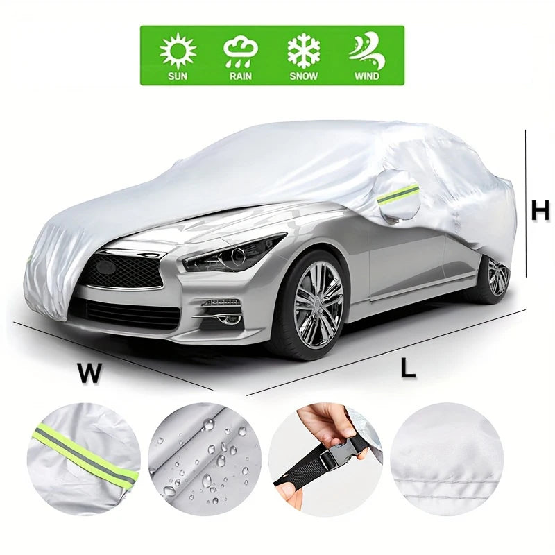 A clear plastic all-weather waterproof UV car cover shown on a silver car, with icons indicating protection from sun, rain, s