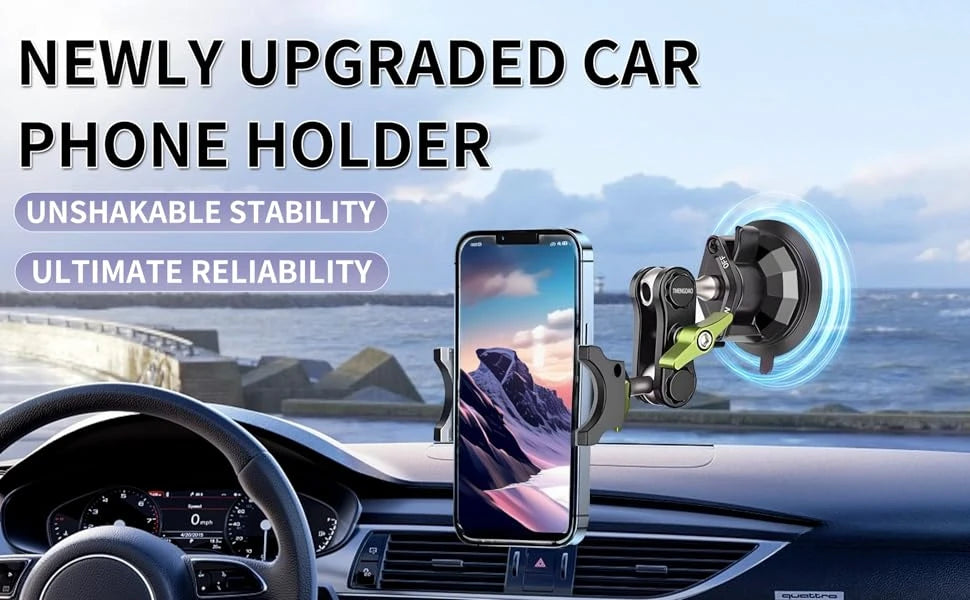 Newly upgraded car phone holder mounted on a car dashboard, showing its stability and reliability.