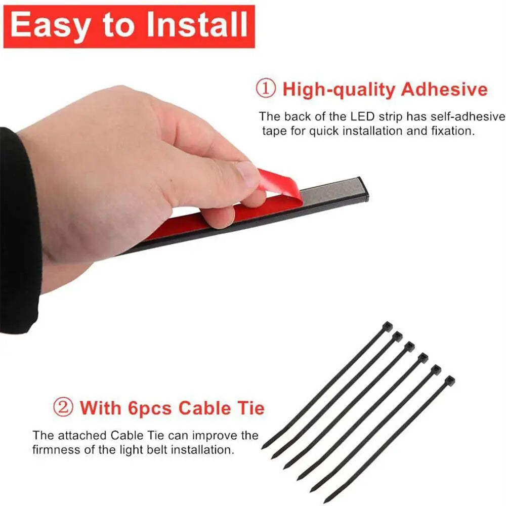 Hand applying self-adhesive tape to a LED strip for installation, with cable ties shown separately.