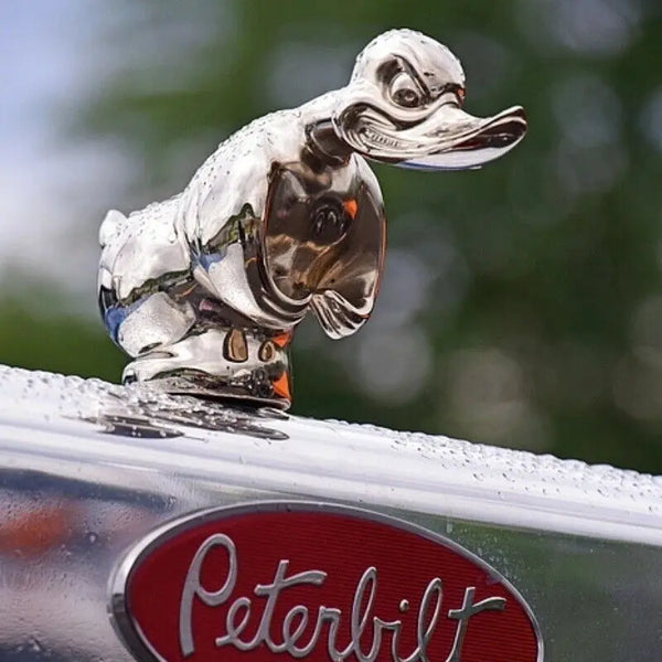 A shiny silver decorative angry duck hood ornament mounted on a vehicle's hood.