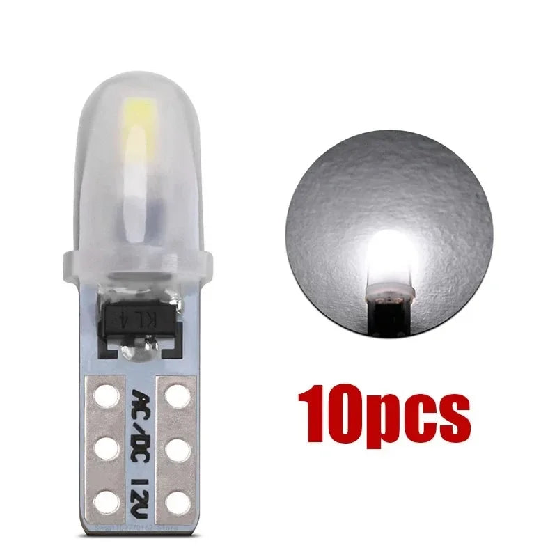 A set of ten T5 LED dashboard and license plate bulbs, showing the individual bulb and the complete set.