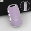 A purple TPU car key fob cover protector with a silver finish is shown against a dark background.
