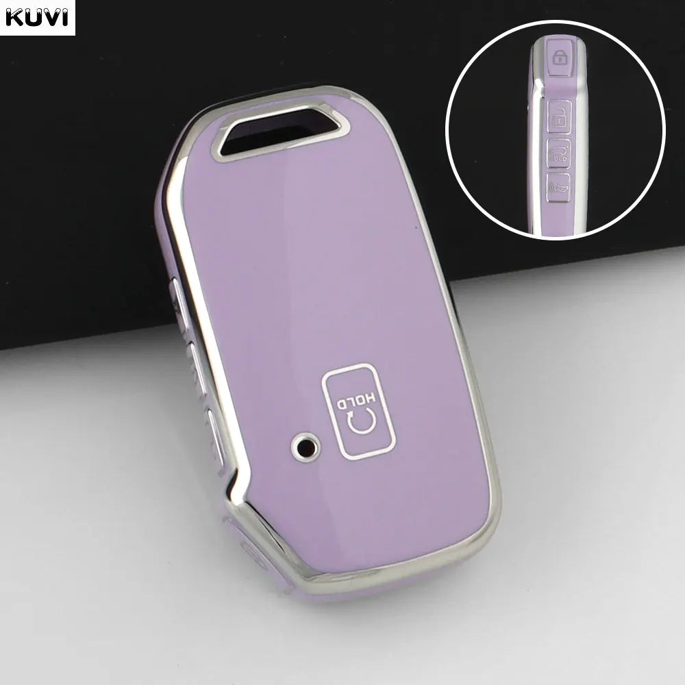 A purple TPU car key fob cover protector with a silver finish is shown against a dark background.