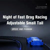A blue racing car with a small tail is shown on a track, highlighting the Night of Fast Drag Racing adjustable small tail.