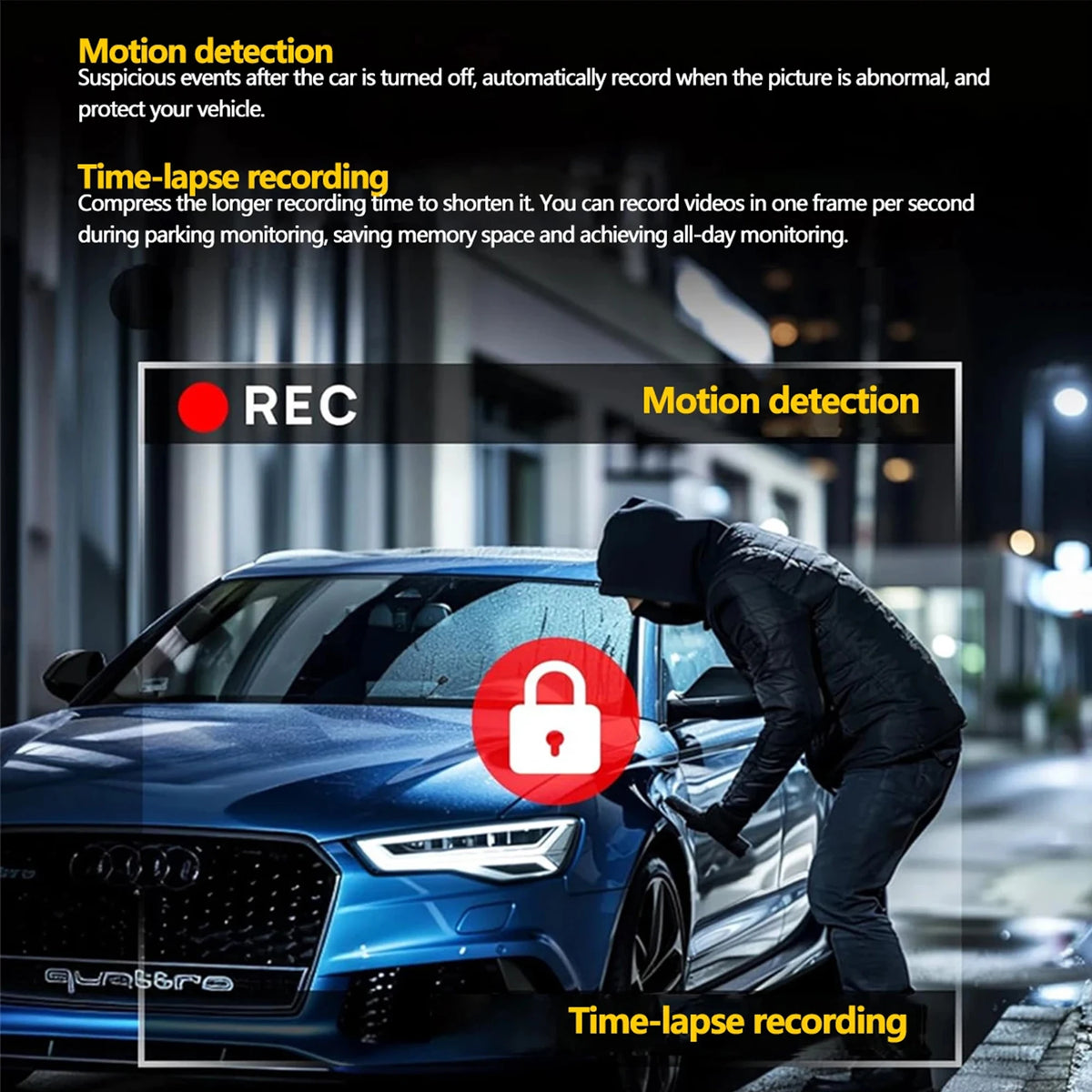 A person is monitoring a blue Audi car with a dash cam recording motion detection and time-lapse footage.