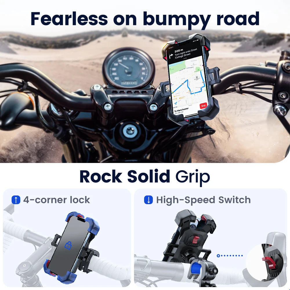 A black bike phone mount is shown mounted on a bicycle handlebar, demonstrating its grip and high-speed switch features.