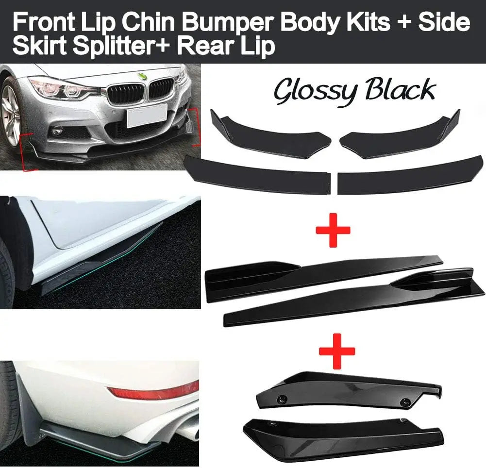 Glossy black front lip, side splitter, and rear lip body kits for a car.