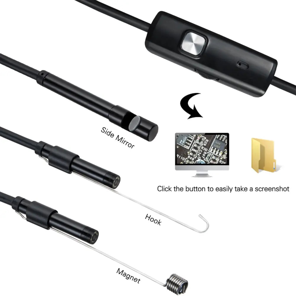Endoskopkamera mit flexibler Sonde, Spiegel, Haken und Magnet zur Inspektion.