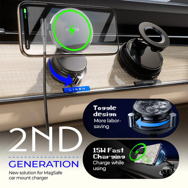 A MagSafe car wireless charger is shown mounted on a dashboard, with a smartphone charging on it.