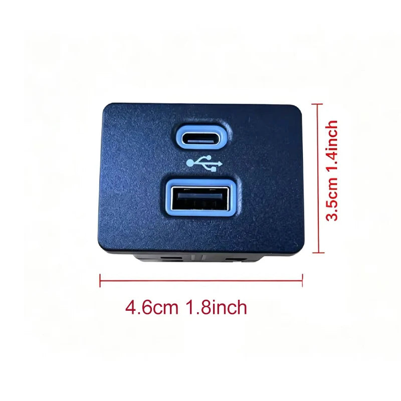 A dark blue universal USB hub with a port and a light blue indicator, shown with dimensions.
