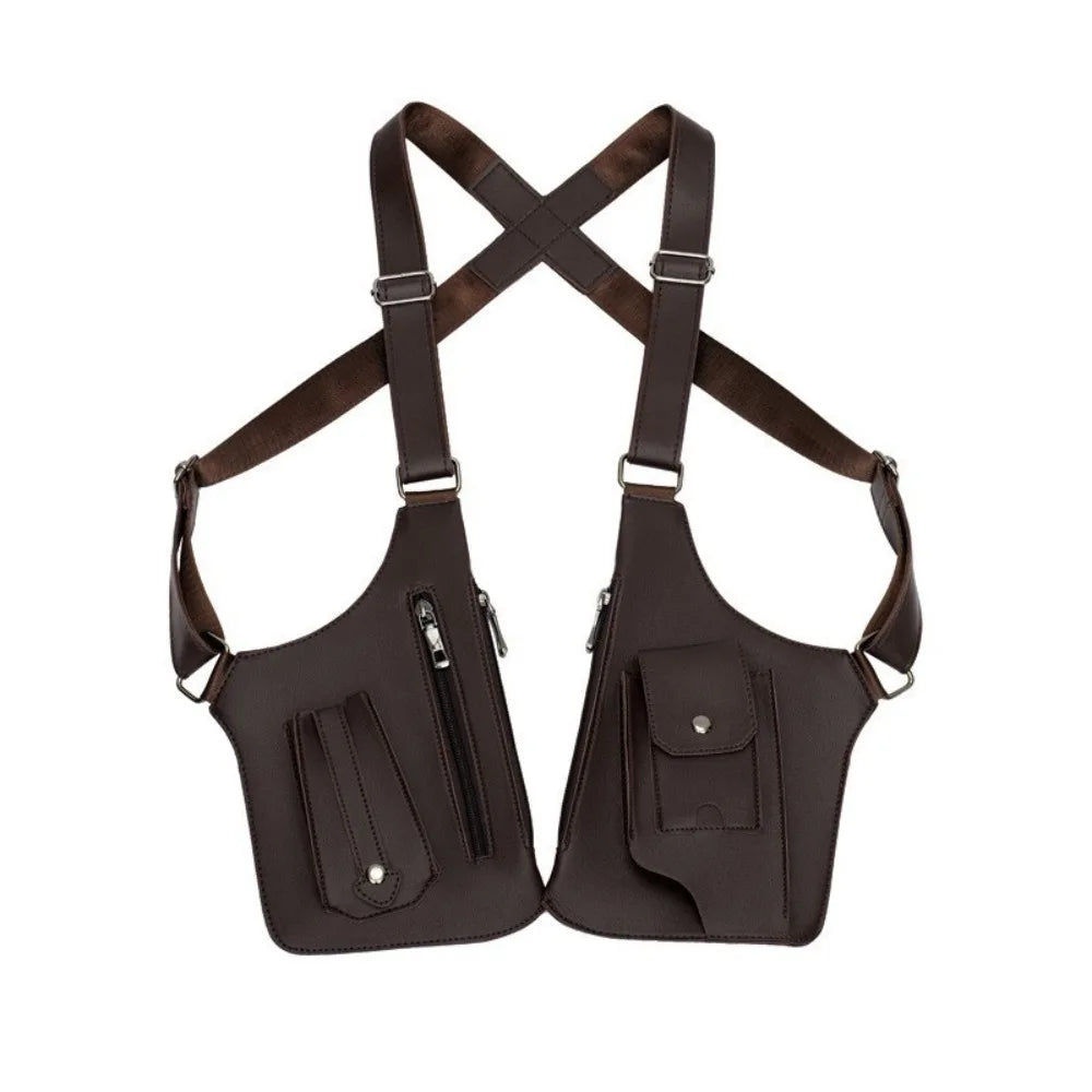 A dark brown tactical double shoulder crossbody bag with a crisscross strap design.