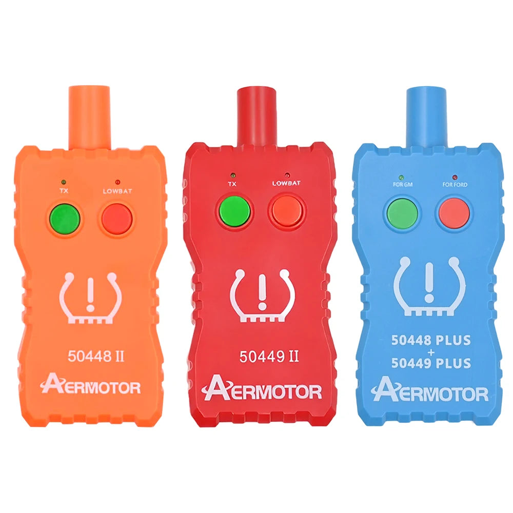 Three color versions of a 2-in-1 tire pressure sensor relearn tool in orange, red, and blue.