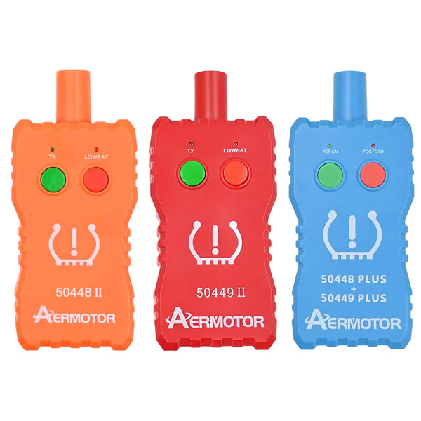 Tres versiones de colores de una herramienta de reaprendizaje para sensor de presión de neumáticos 2 en 1 en naranja, rojo y 