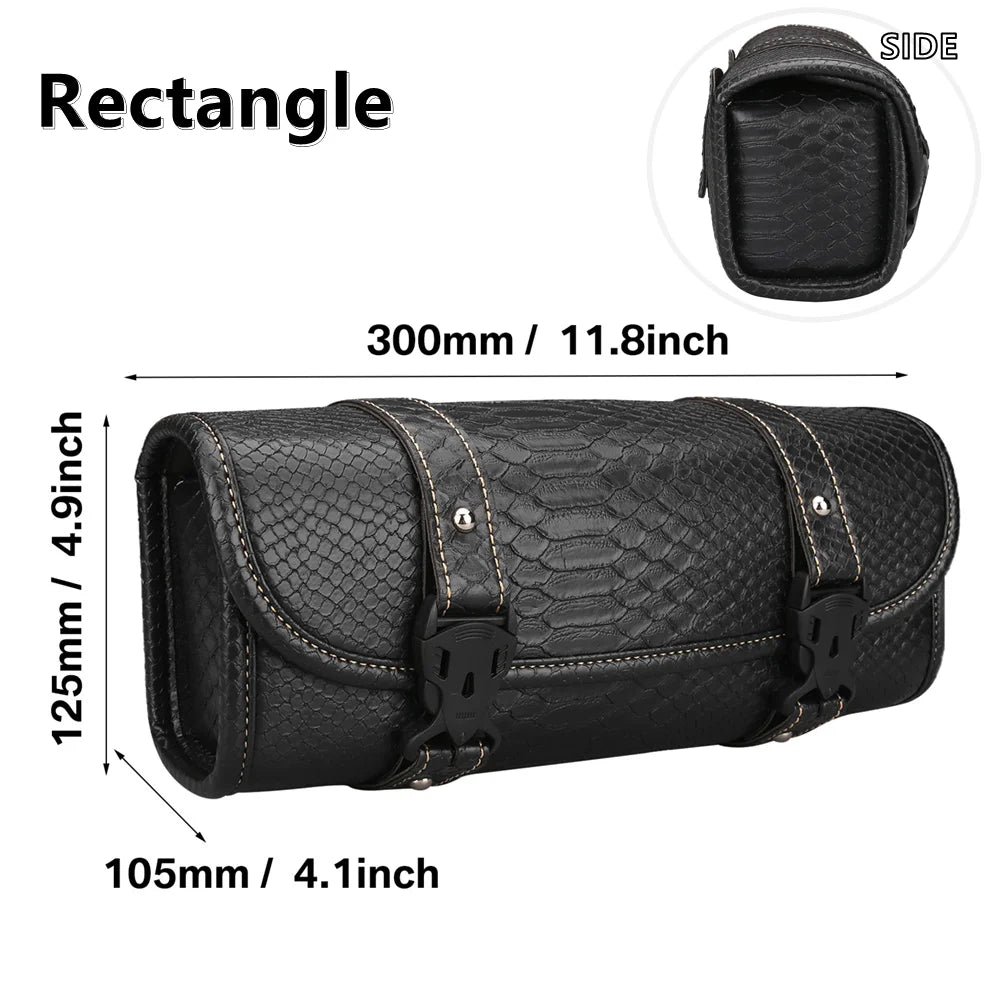Schwarze PU-Leder-Motorrad-Satteltaschen in rechteckiger Form mit Maßenangaben.