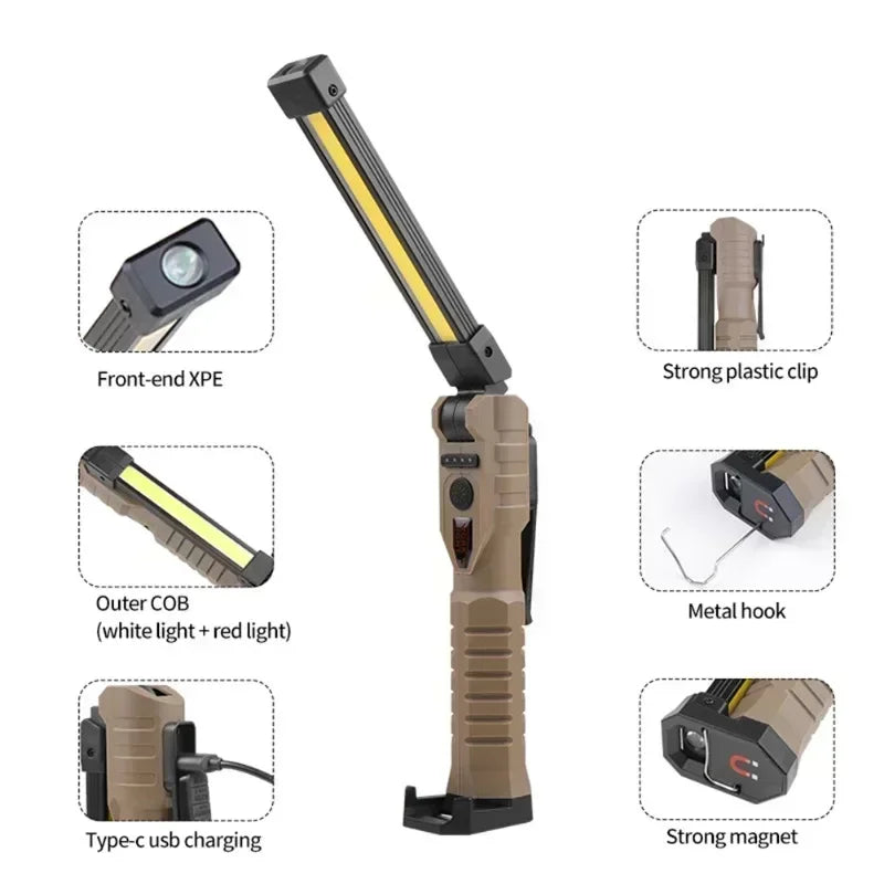 Foldable magnetic LED flashlight shown with various components including a front-end, outer COB, and USB charging port.