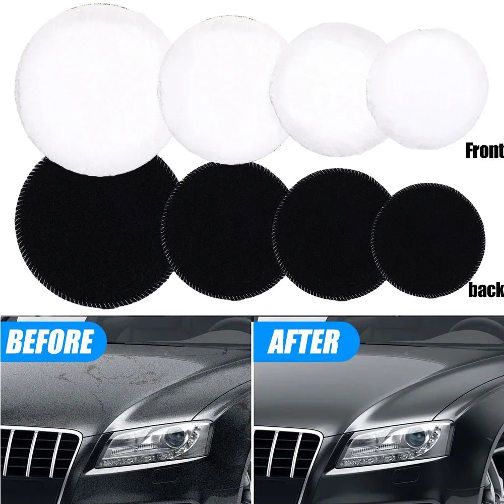 Set of assorted black and white polishing discs for automotive care used on a car's headlight.