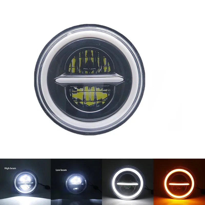 A circular motorcycle LED headlight with adjustable high and low beam settings.