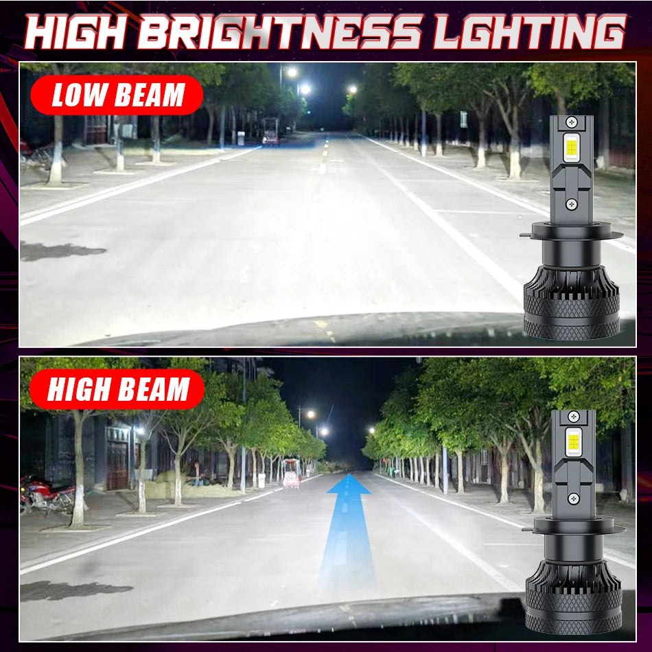 Comparación de bombillas de faro LED bajo y alto para coche montadas en una base negra.